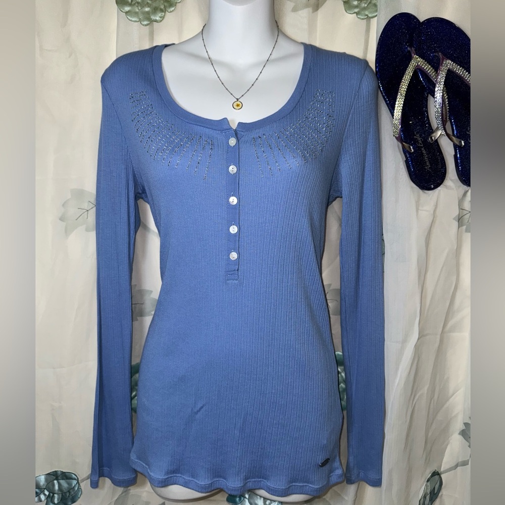 Calvin Klein beaded Y2K baby blue long sleeve blouse button up